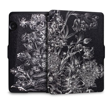 WALNEW Kindle Voyage Colorful Painting Leather Case Cover -- The Thinnest and Lightest PU leather Case Cover for the Latest Amazon Kindle Voyage with 6" Display and Built-in Light (Black Flower, kindle Voyage)