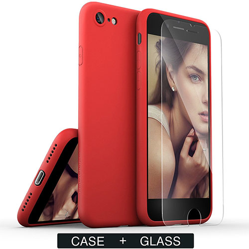 [2 in 1] iPhone 7 Case with Tempered Glass Screen Protector, Moduro [MINIMALIST SERIES] Full Coverage Ultra Thin [1.0mm] Slim Fit TPU Case for iPhone 7 [Eco Packaging] [Matte Red]